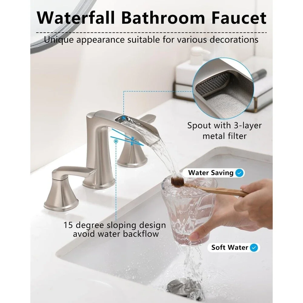 Brushed Nickel Widespread Bathroom Faucet 3 Hole Waterfall 8 Inch Sink Mixer
